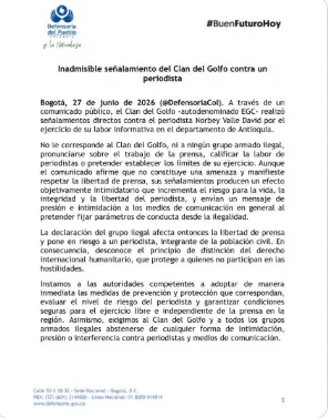 Defensoría advirtió sobre riesgos para la libertad de prensa tras amenazas contra periodista Norbey Valle David