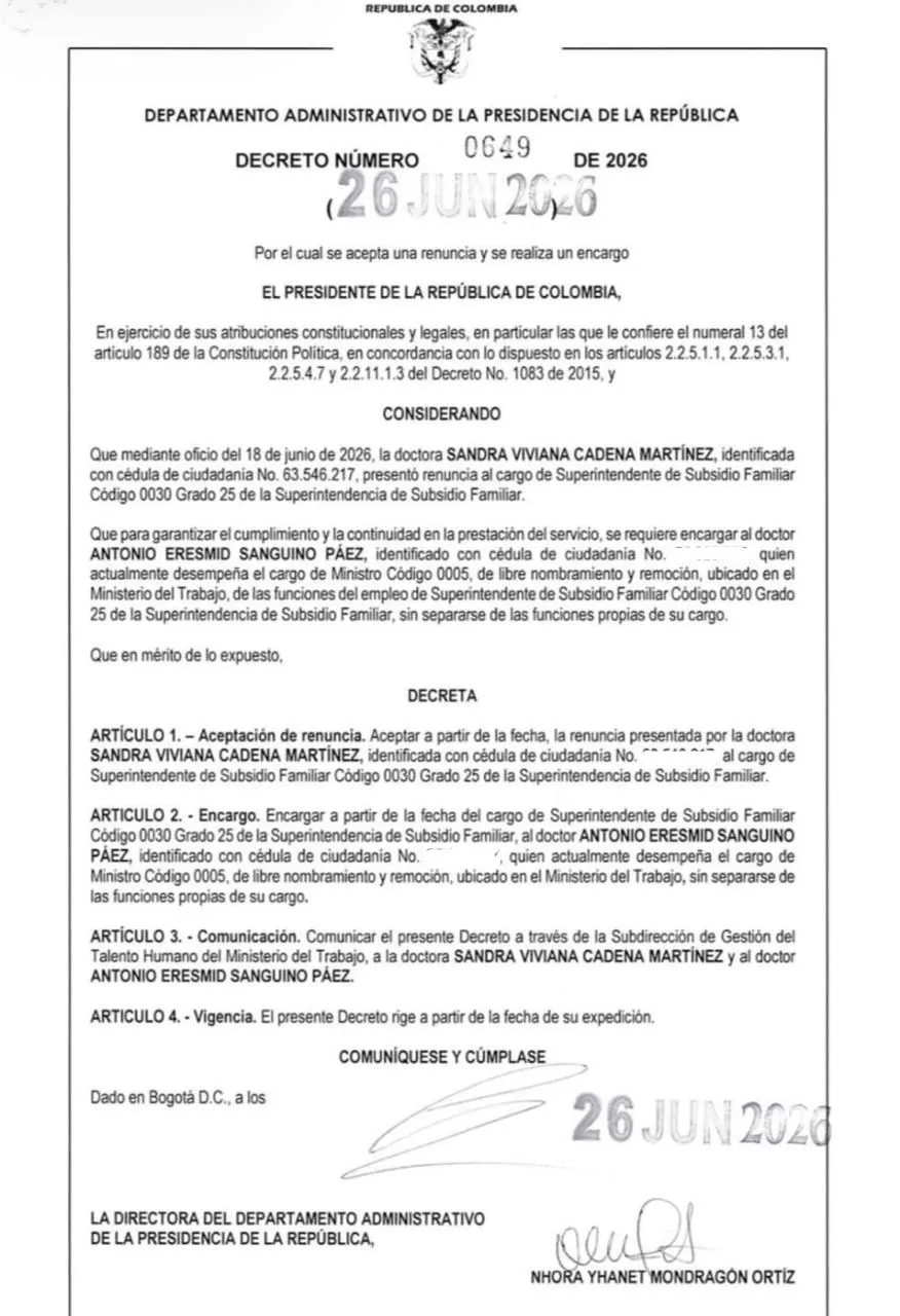 Gobierno aceptó renuncia de Sandra Cadena y encargó a Antonio Sanguino en la Superintendencia de Subsidio Familiar