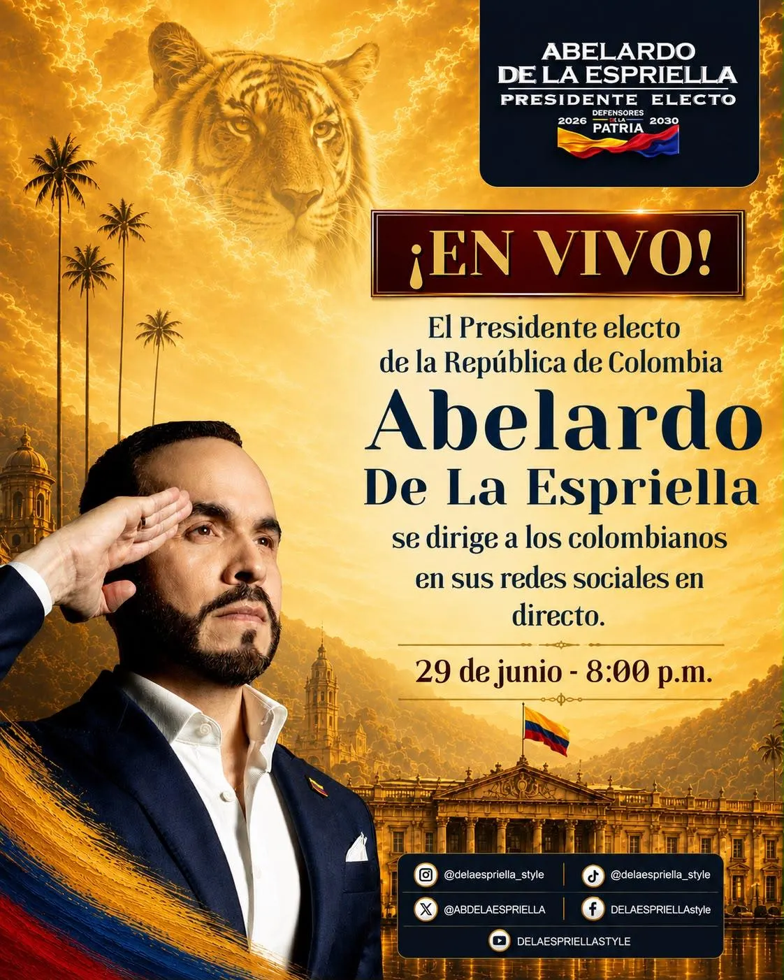 Este domingo, Abelardo De La Espriella se dirigirá al país en una transmisión en vivo