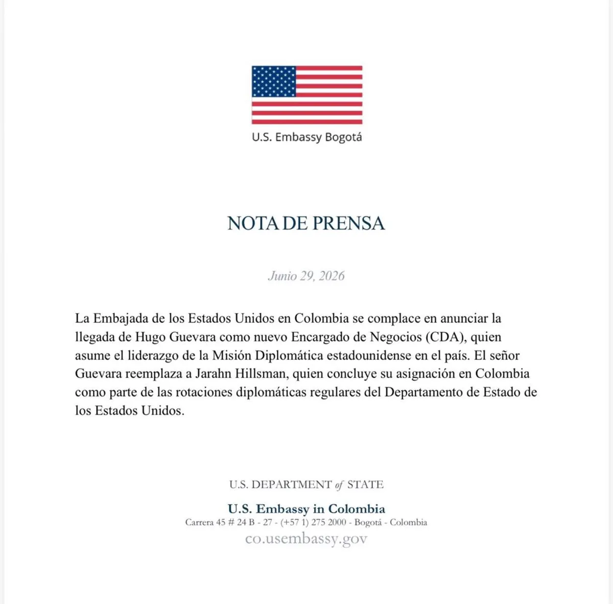 Embajada de EE.UU. anunció relevo en su misión diplomática en Colombia: Hugo Guevara asume como encargado de Negocios