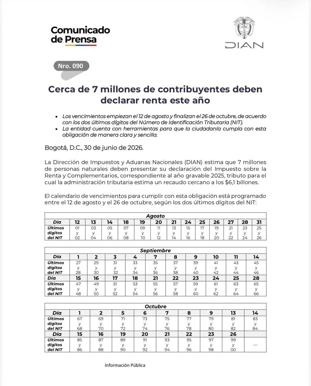 DIAN estimó que cerca de siete millones de colombianos deberán declarar renta en 2026