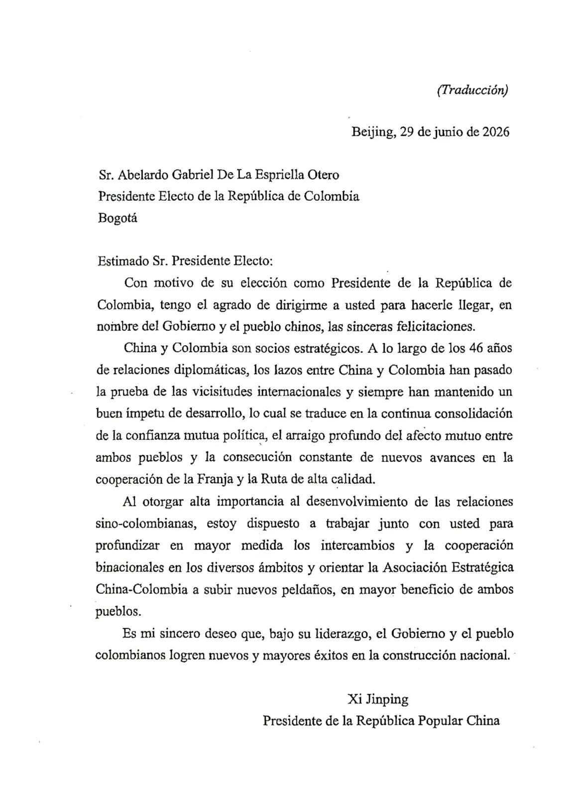 Xi Jinping felicita al presidente electo Abelardo De La Espriella y reafirma el interés de China en fortalecer la relación estratégica con Colombia