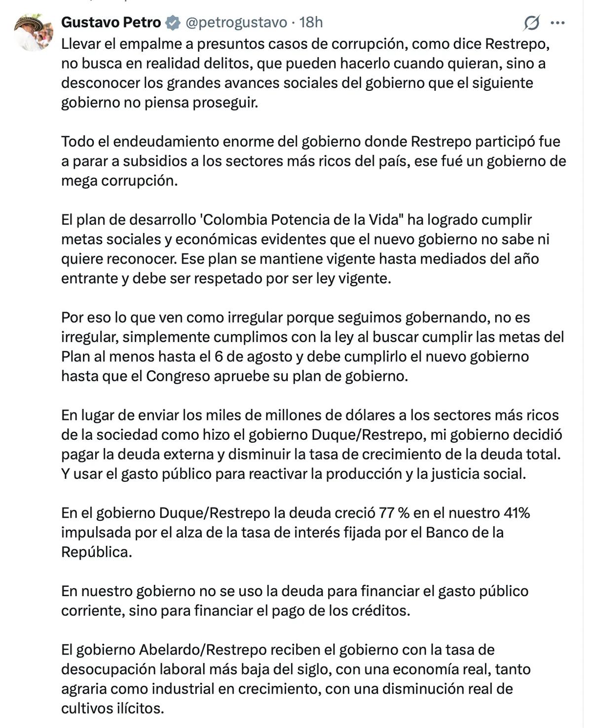 Petro defendió la gestión de su gobierno y respondió a críticas sobre el empalme con la administración entrante