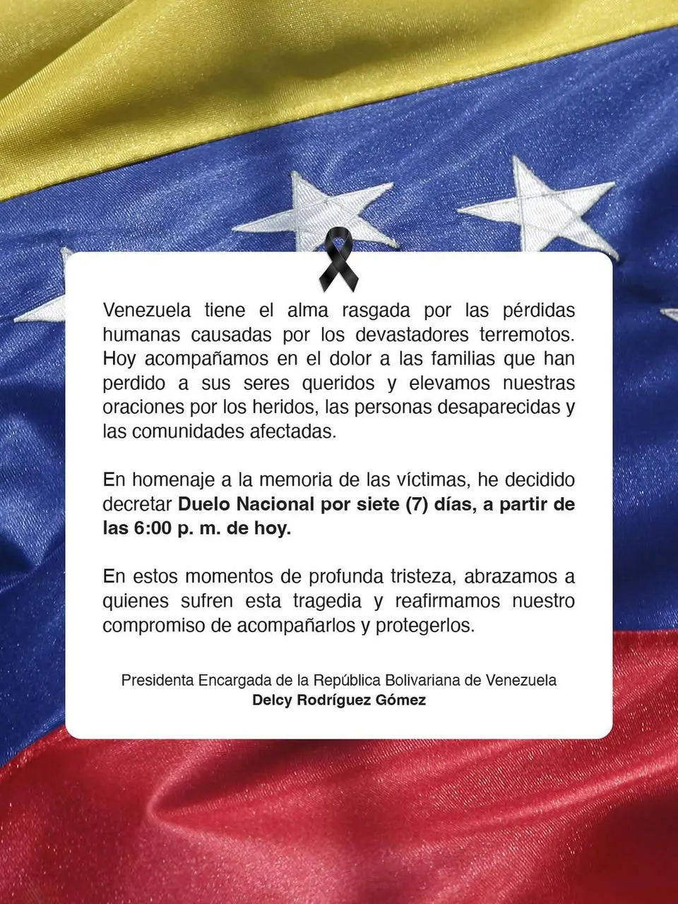 Gobierno encargado de Venezuela decretó siete días de duelo nacional tras devastadores terremotos