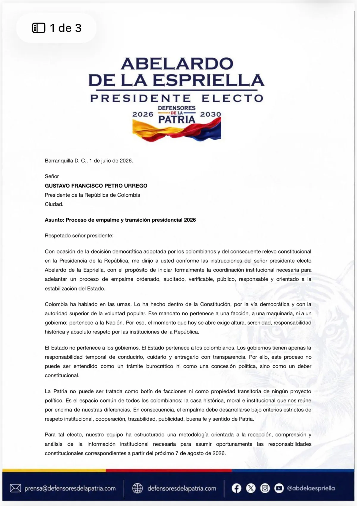 Gobierno electo de Abelardo de la Espriella solicita instalar de inmediato el empalme presidencial y pide acompañamiento de Procuraduría y Contraloría