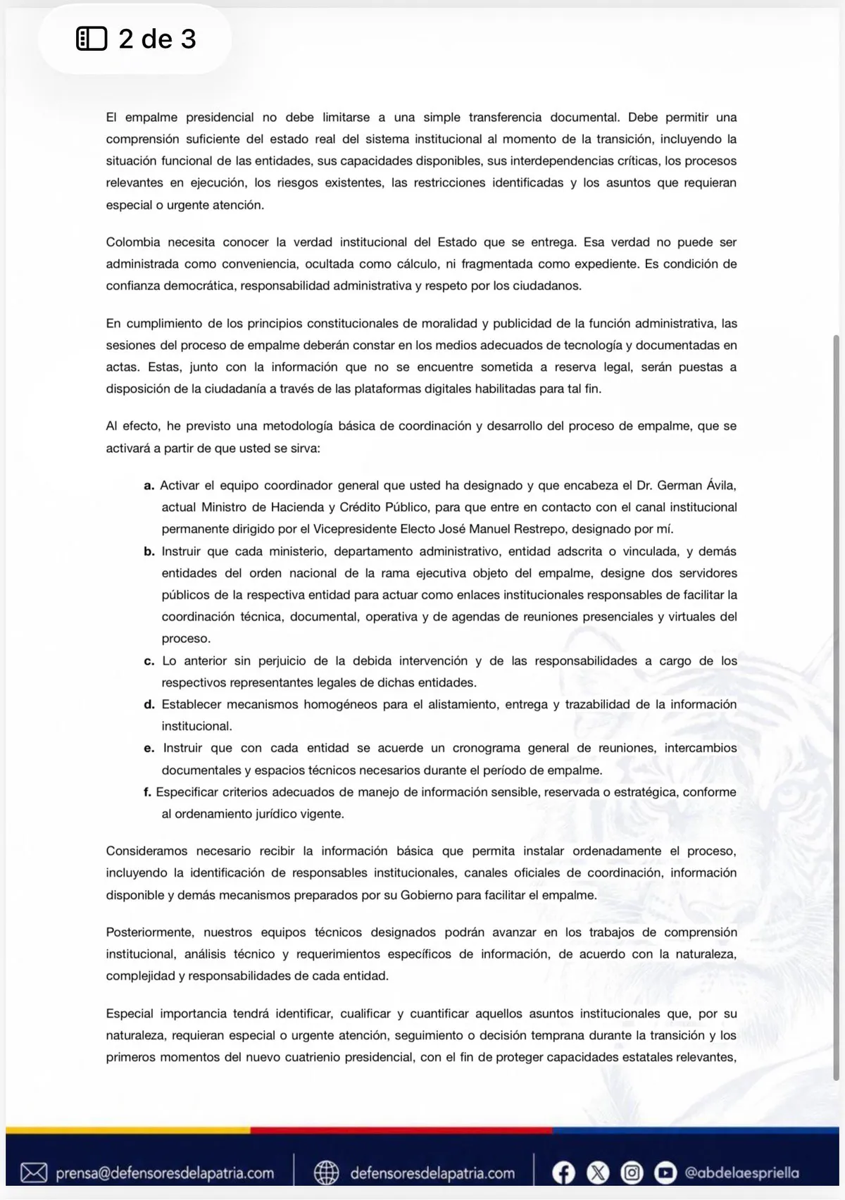Gobierno electo de Abelardo de la Espriella solicita instalar de inmediato el empalme presidencial y pide acompañamiento de Procuraduría y Contraloría