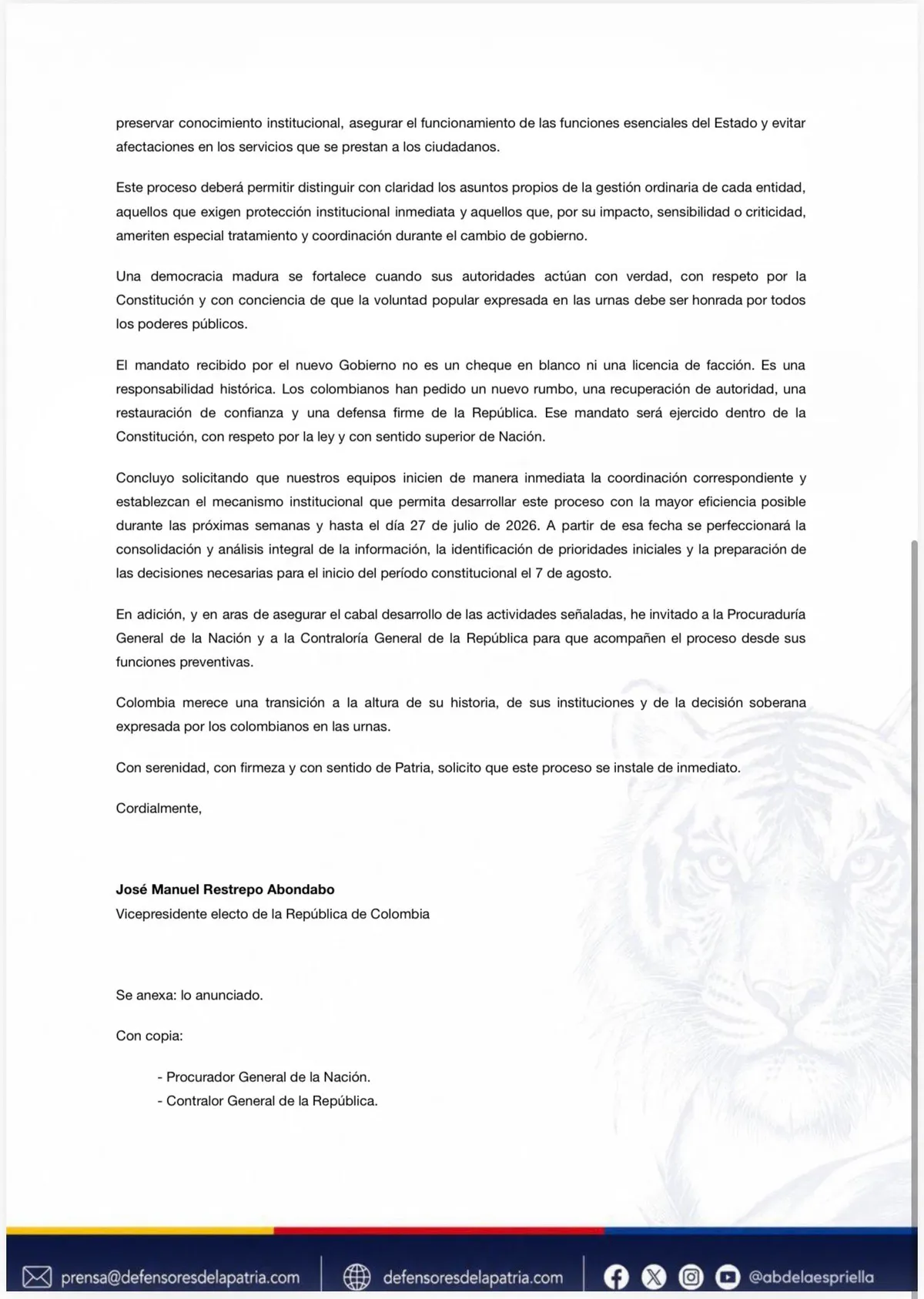 Gobierno electo de Abelardo de la Espriella solicita instalar de inmediato el empalme presidencial y pide acompañamiento de Procuraduría y Contraloría