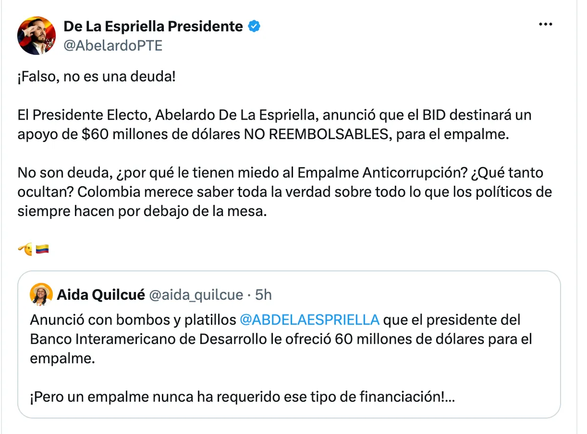 “No es una deuda”: desde cuenta del equipo de De la Espriella respondieron cuestionamientos de Aida Quilcué sobre el empalme