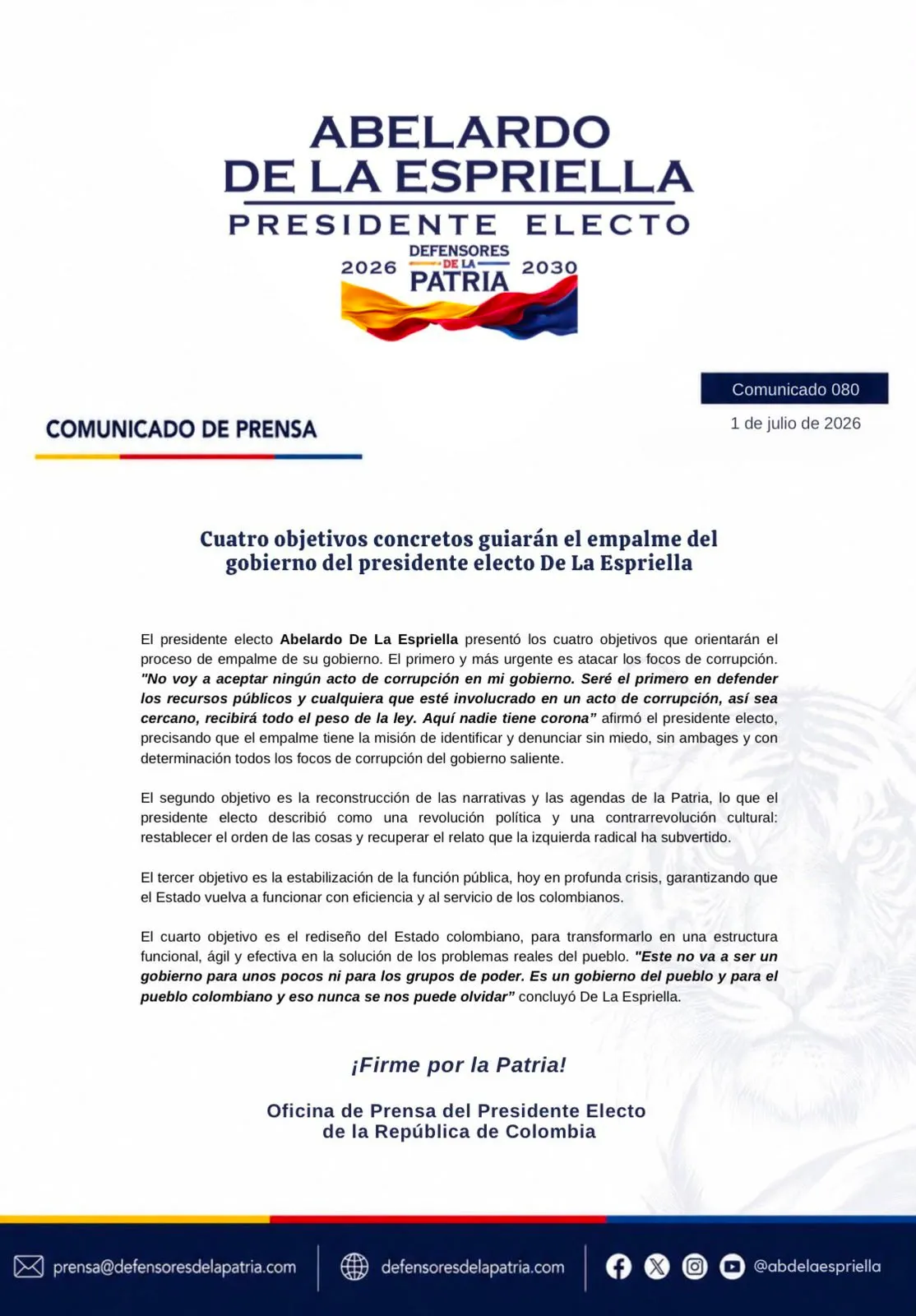 Empalme del gobierno de De La Espriella tendrá cuatro ejes: lucha contra la corrupción, reforma del Estado y recuperación institucional