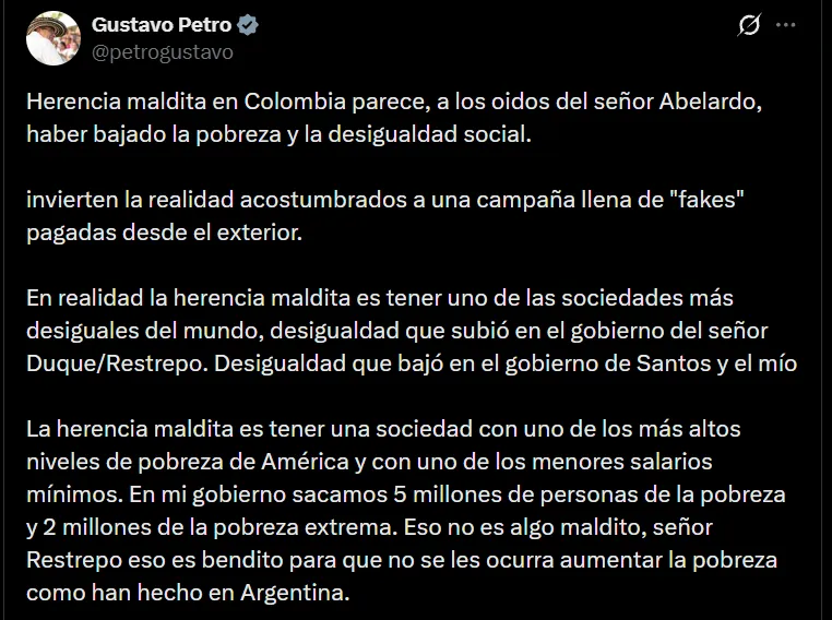 “¿Herencia maldita haber bajado la pobreza y la desigualdad social?” Petro le respondió a José Manuel Restrepo