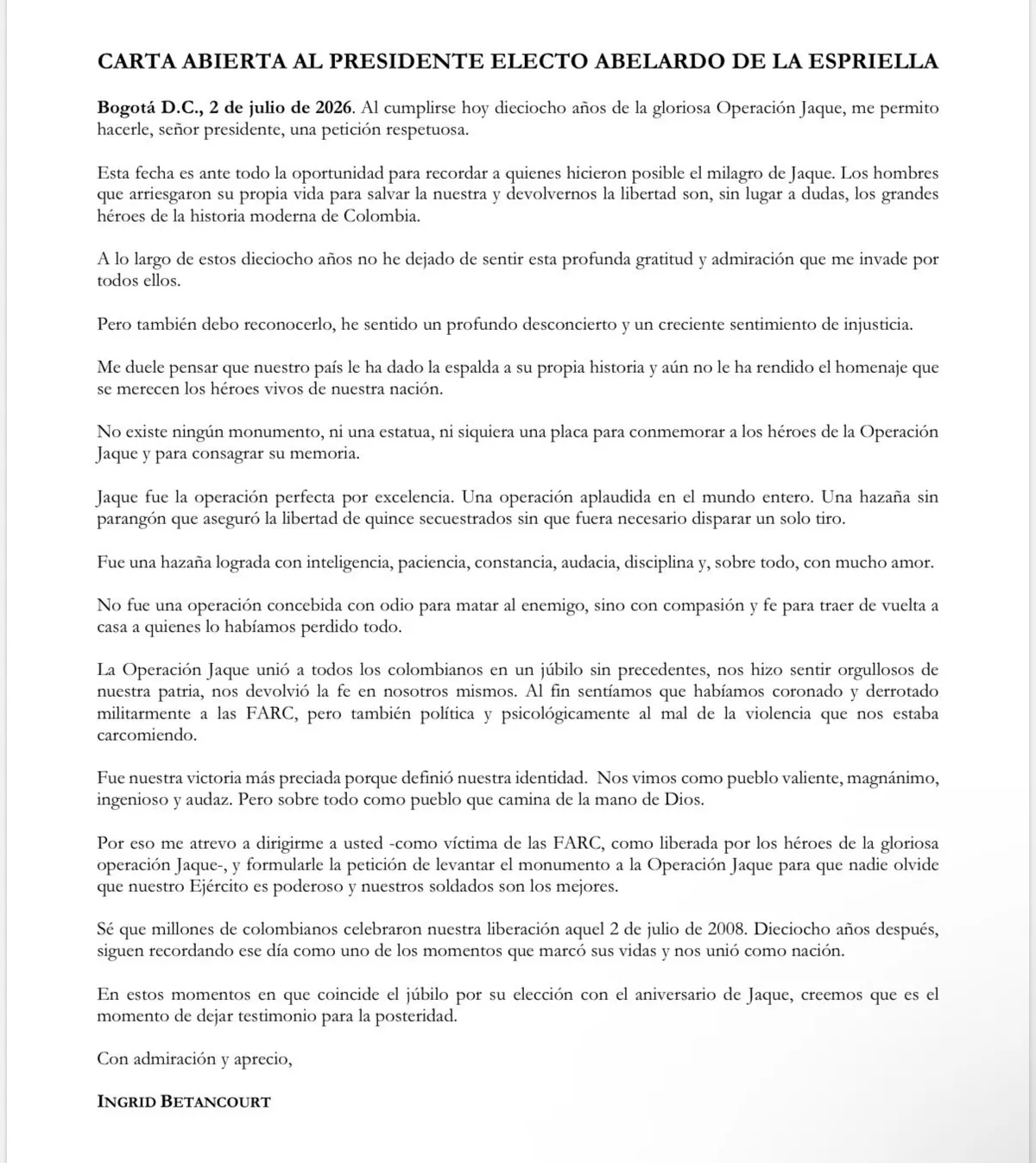 Ingrid Betancourt pide al presidente electo Abelardo de la Espriella levantar un monumento en honor a los héroes de la Operación Jaque