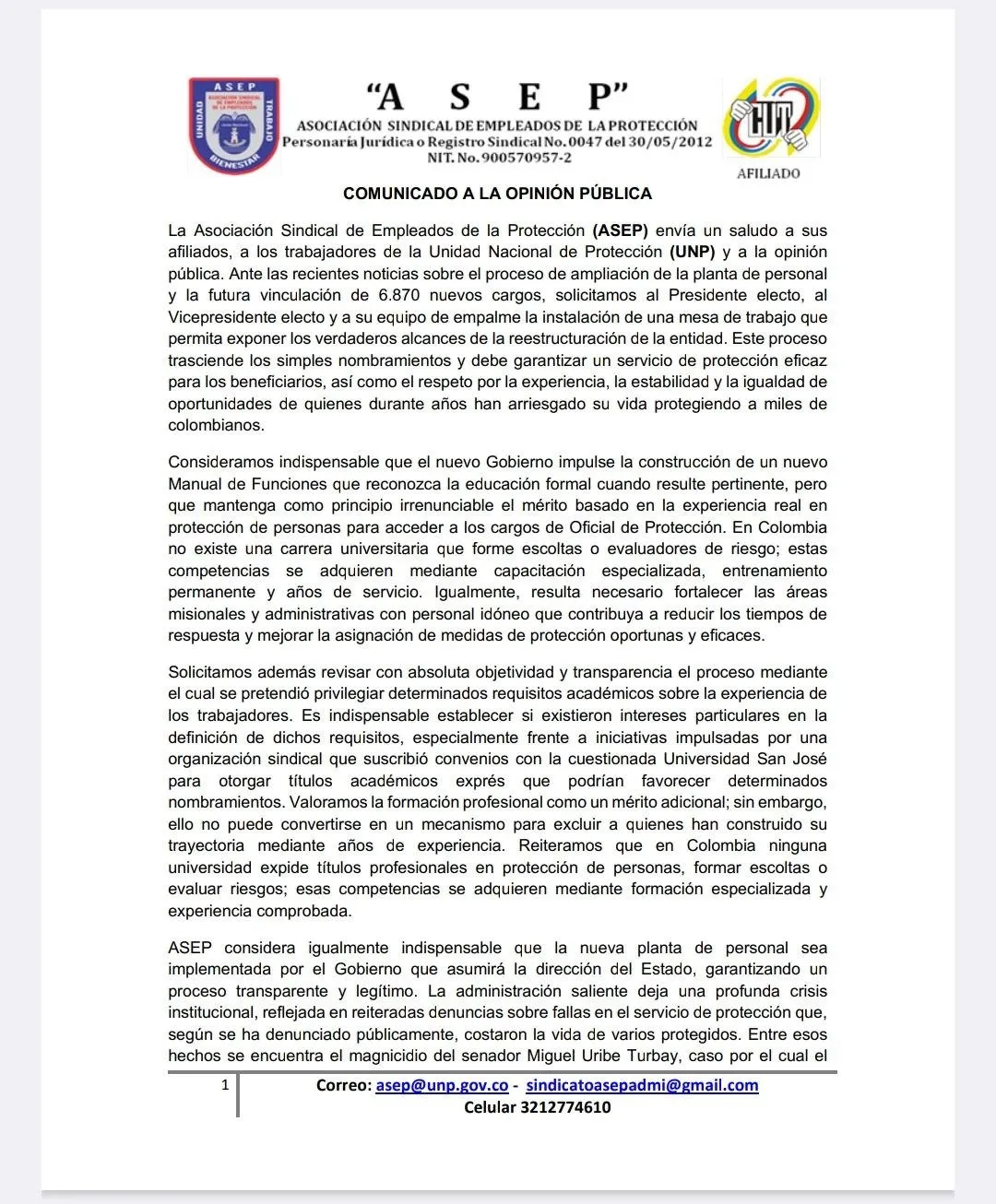 Sindicato de la UNP pidió frenar nombramientos y advirtió que la entidad enfrenta una “profunda crisis institucional”