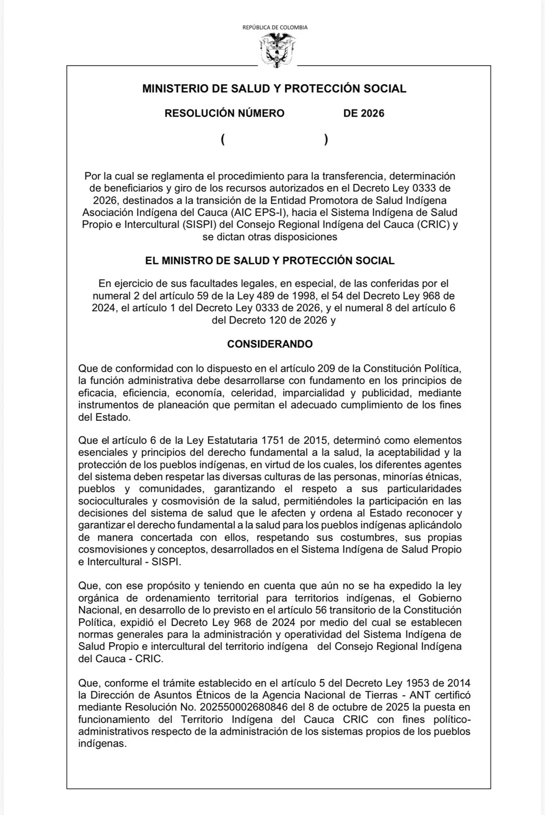 Gobierno reglamenta la transición de la AIC EPS-I al sistema de salud indígena del CRIC mediante proyecto de resolución