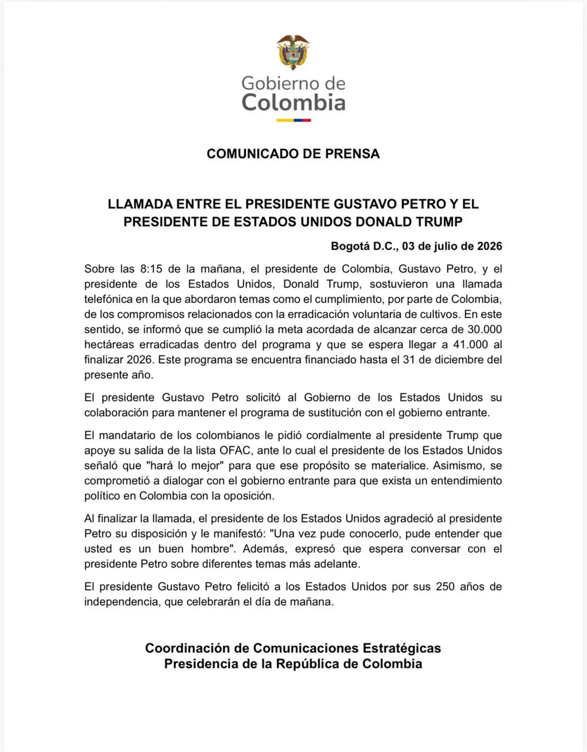Petro habló con Donald Trump: erradicación de cultivos, cooperación bilateral y su salida de la lista OFAC marcaron la conversación