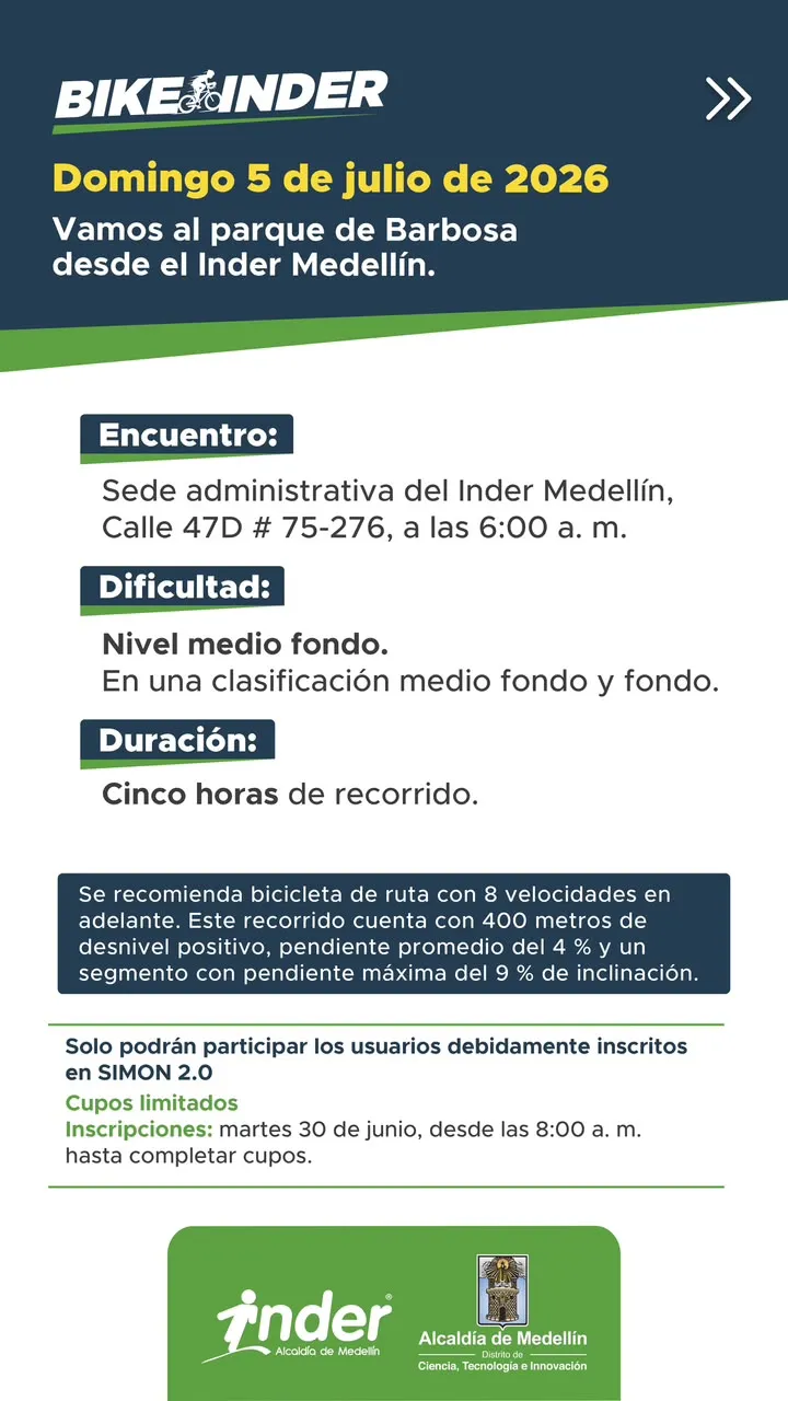 Inder Medellín anunció recorrido ciclístico hacia Barbosa con cupos limitados y exigencia para nivel avanzado