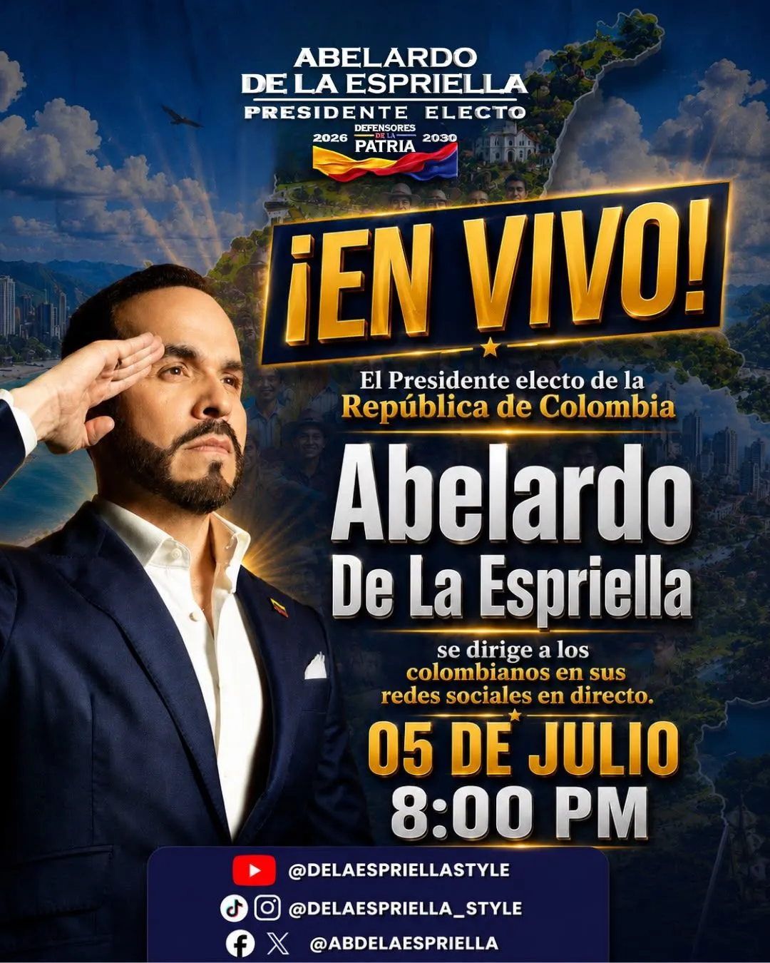 Abelardo De La Espriella anunciará este domingo un mensaje al país en transmisión en vivo