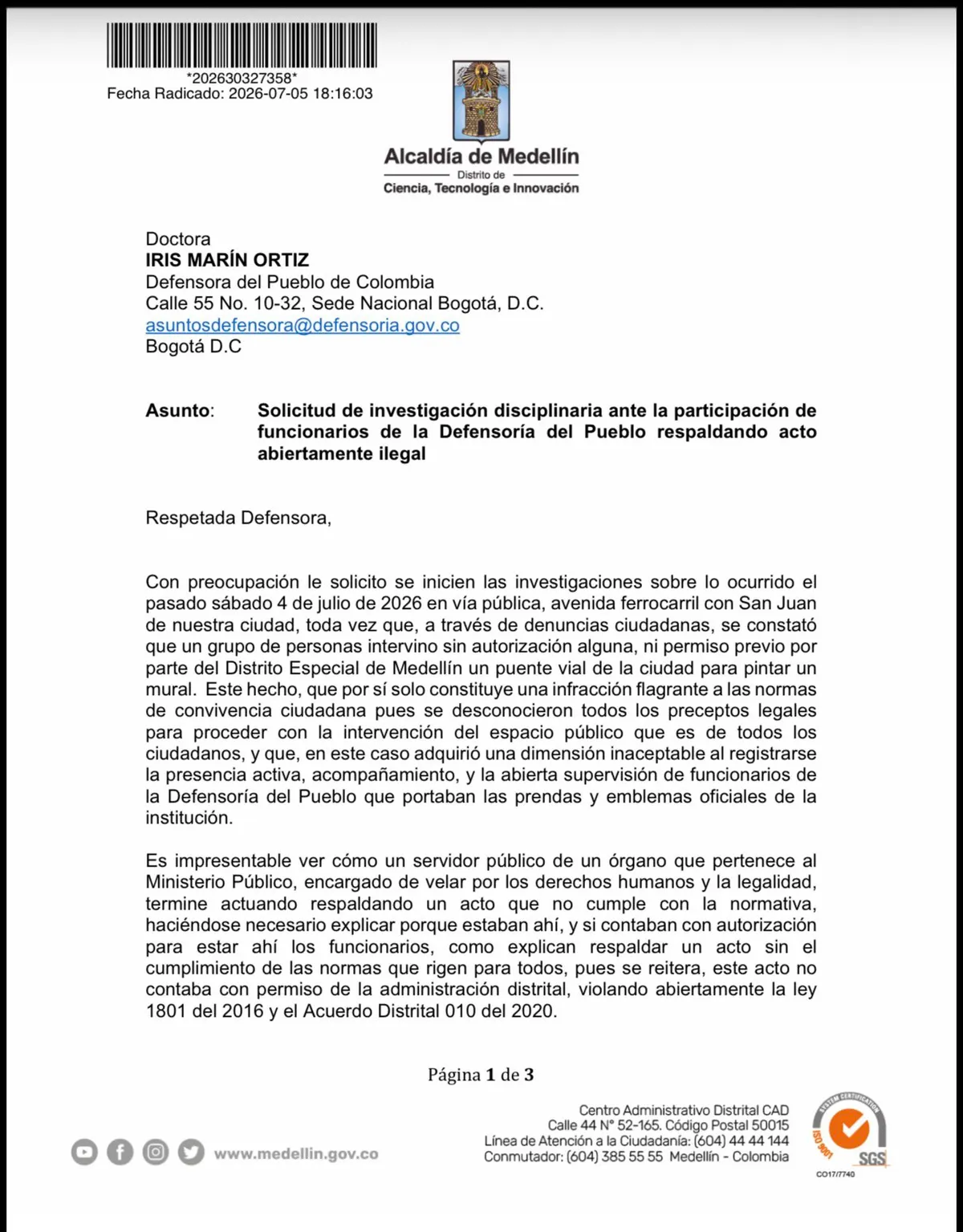 Federico Gutiérrez pidió investigar a funcionarios de la Defensoría por acompañar mural sin autorización
