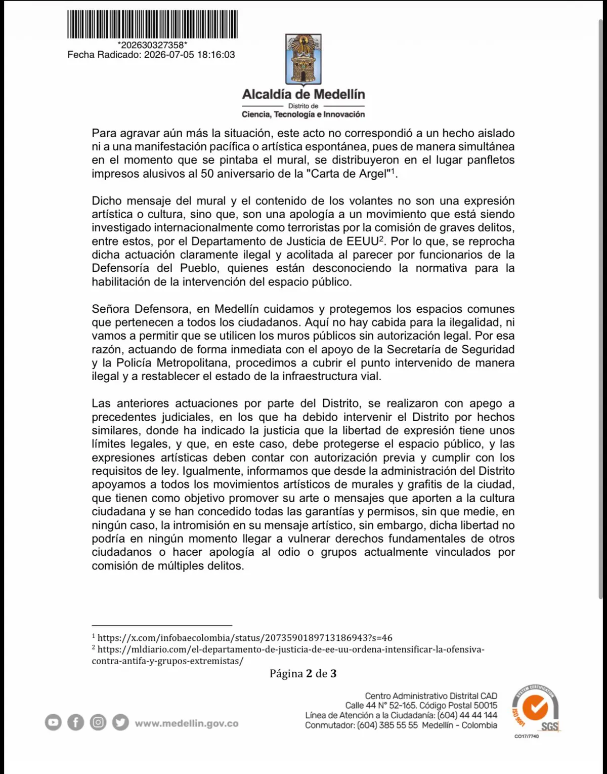 Federico Gutiérrez pidió investigar a funcionarios de la Defensoría por acompañar mural sin autorización