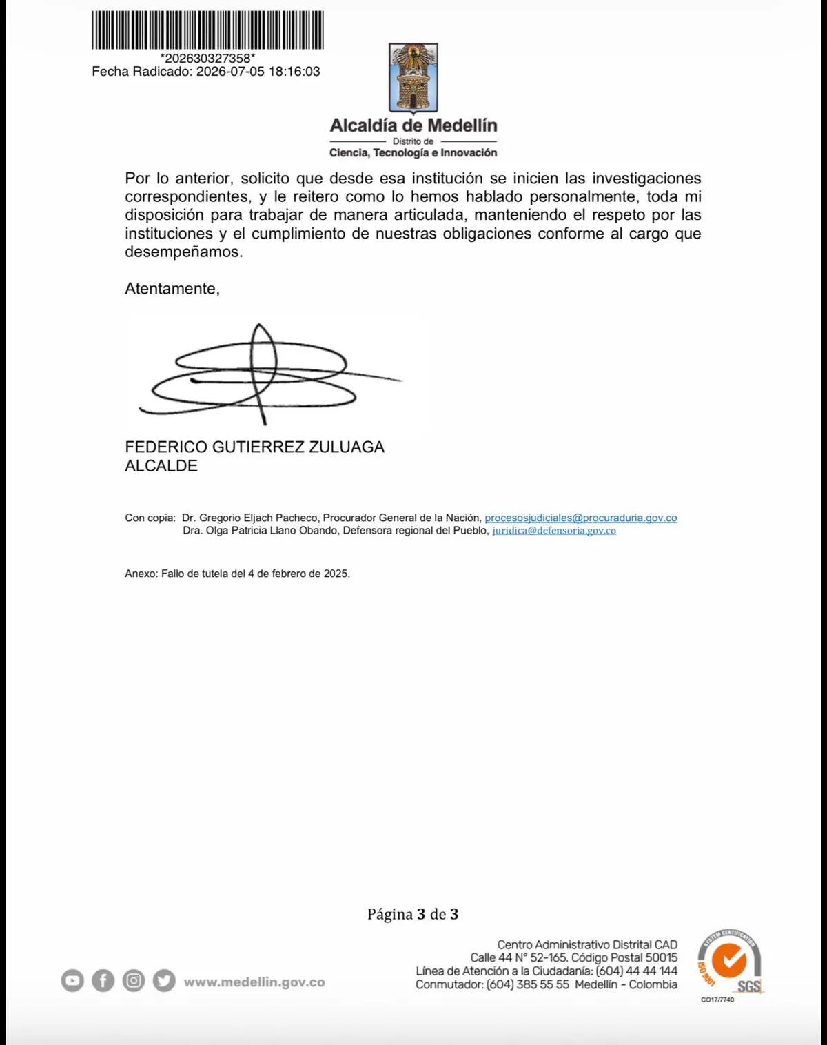 Federico Gutiérrez pidió investigar a funcionarios de la Defensoría por acompañar mural sin autorización