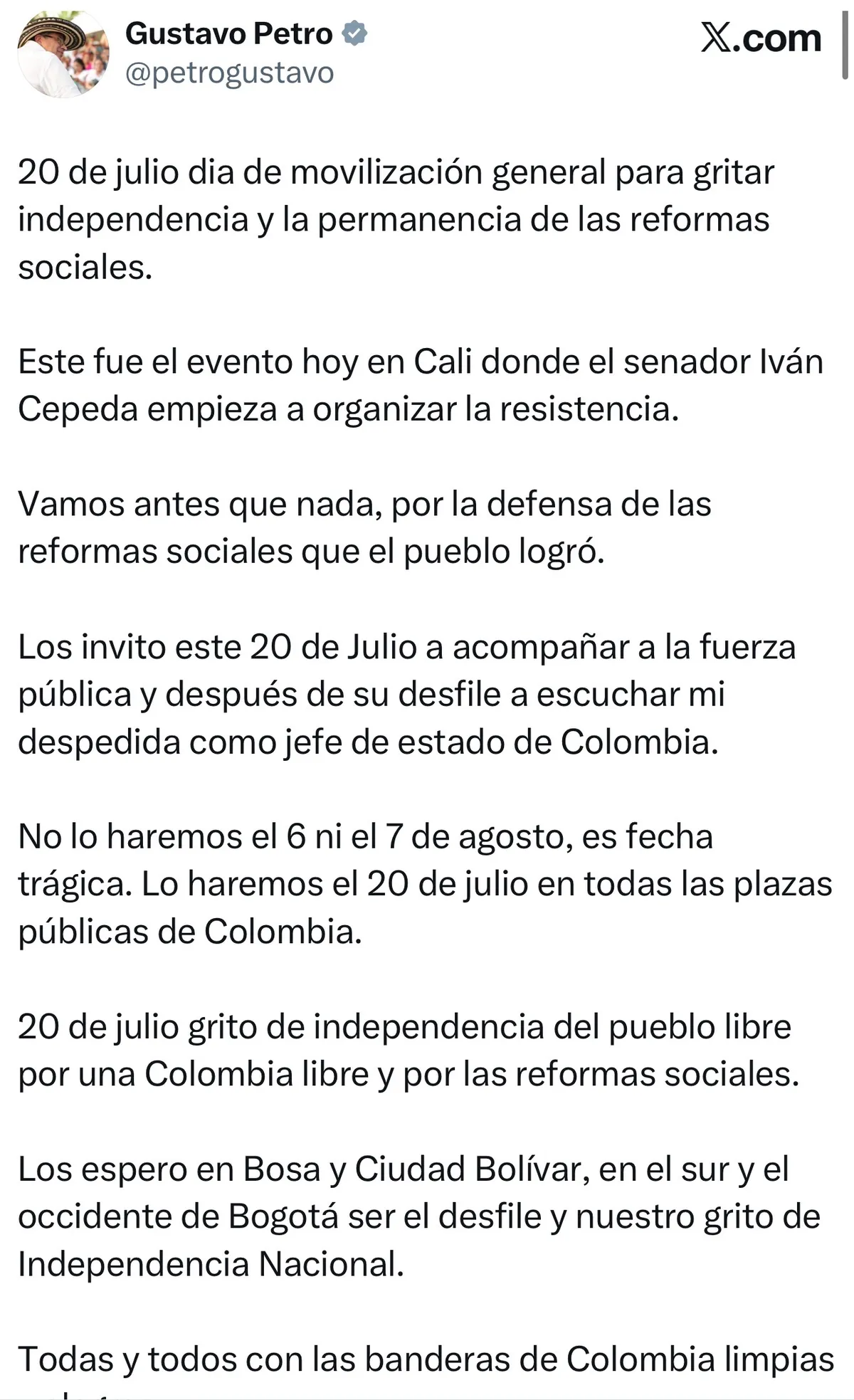 Petro convocó a movilización social en las calles el 20 de julio y anuncia una despedida anticipada de la Presidencia