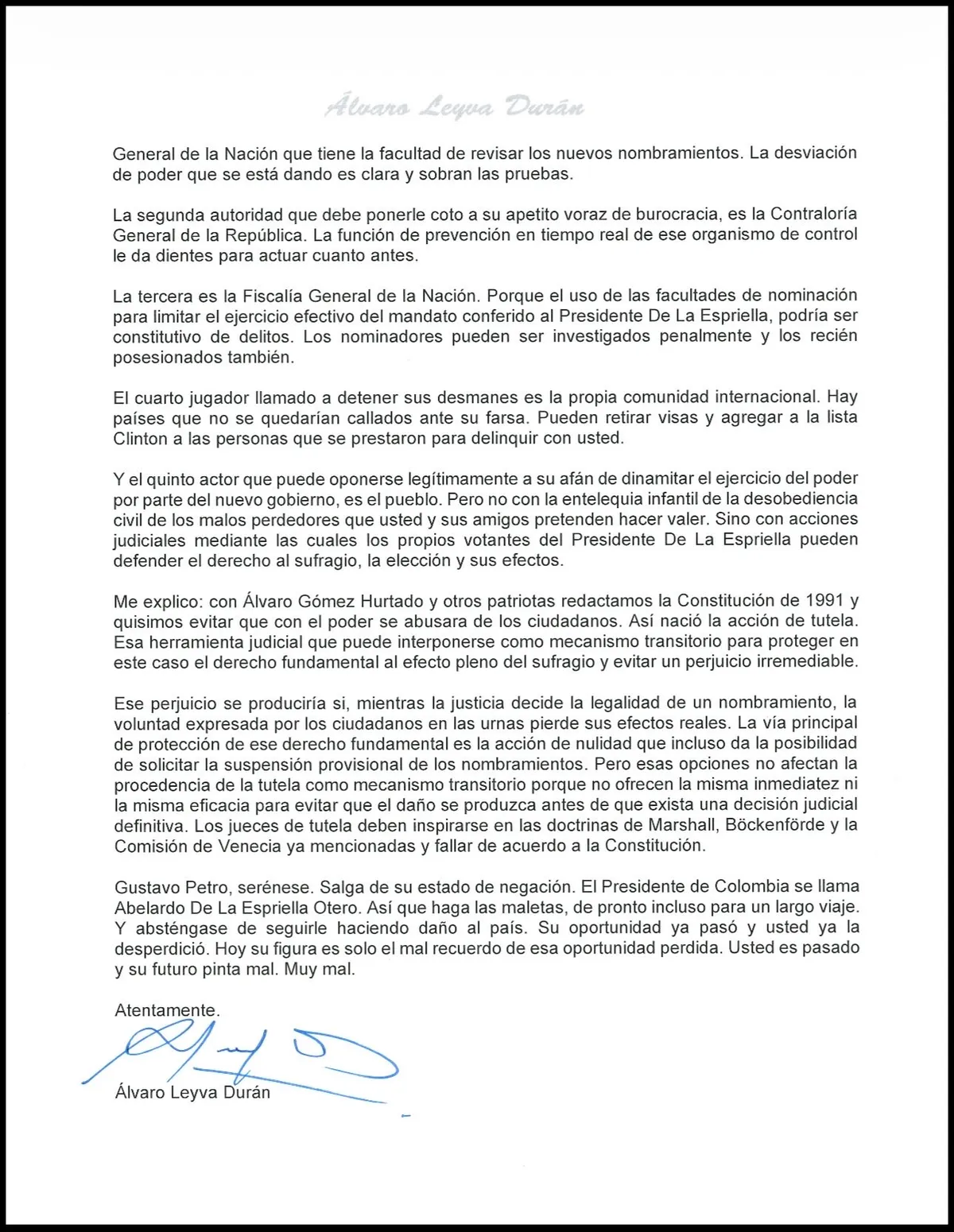 Álvaro Leyva arremetió de nuevo contra Petro y lo acusó de sabotear el empalme con el gobierno de Abelardo de la Espriella