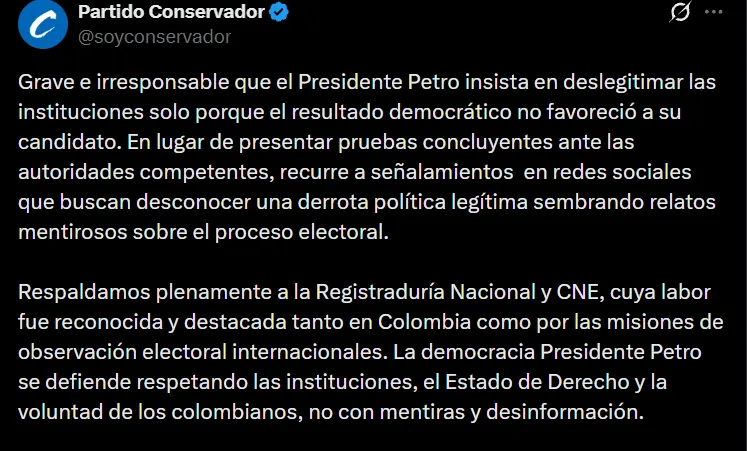 Partido Conservador rechazó cuestionamientos de Petro sobre elección de Abelardo De La Espriella y respaldó al CNE