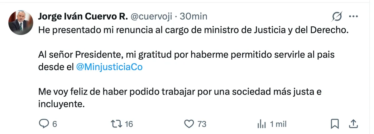 Jorge Iván Cuervo deja el Ministerio de Justicia tras menos de cinco meses en el cargo