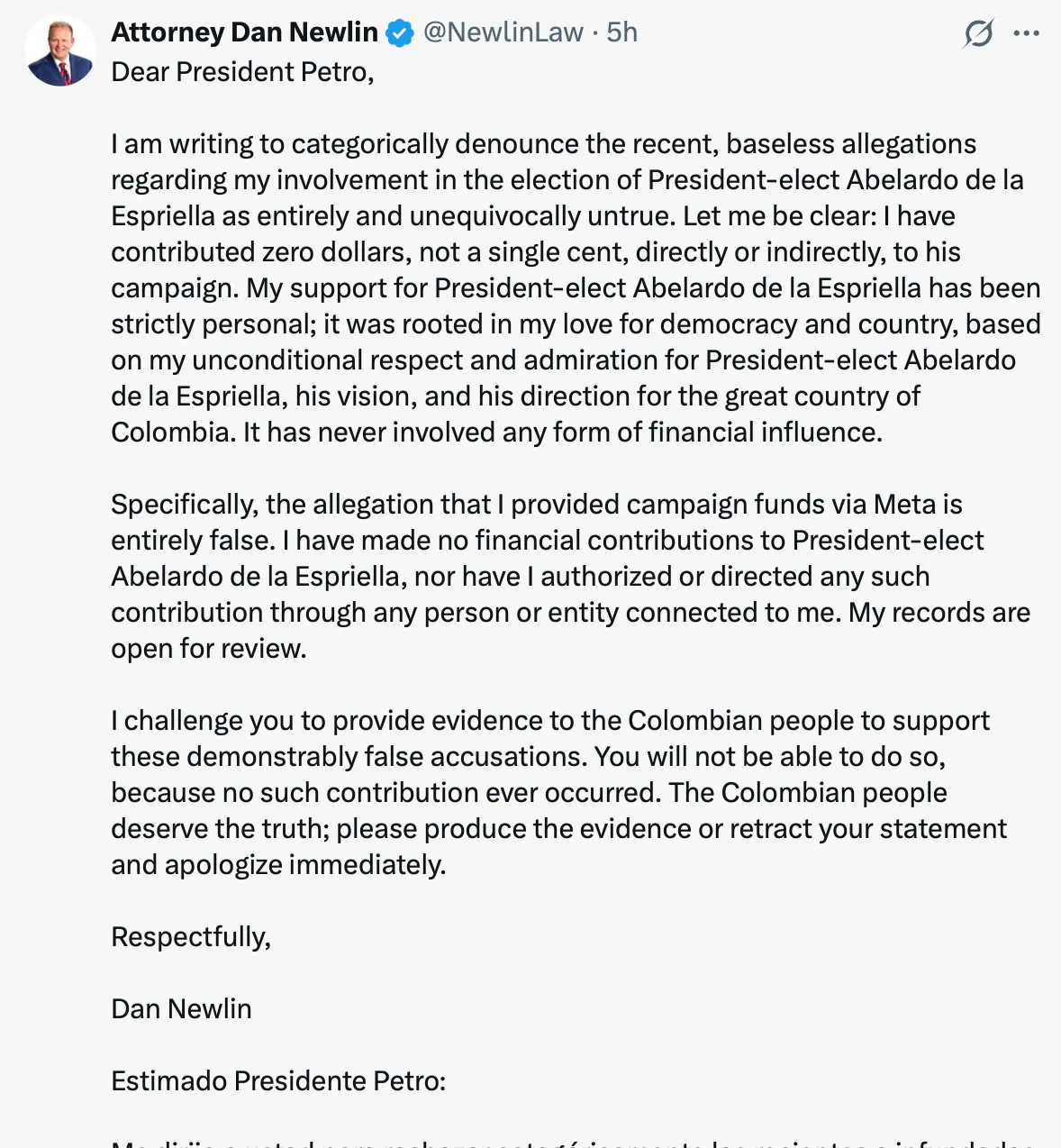 Dan Newlin desafía a Petro a presentar pruebas sobre presunta financiación extranjera a la campaña de Abelardo De La Espriella