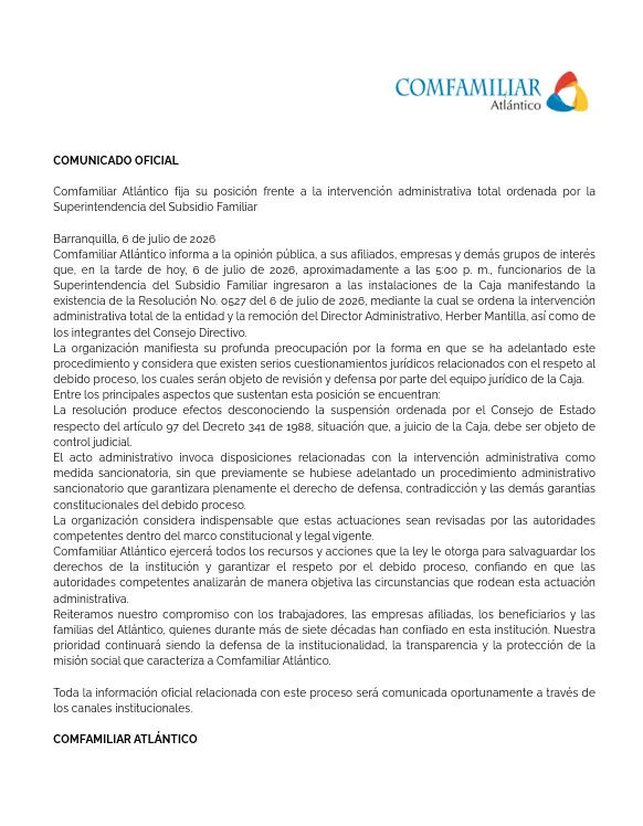 Superintendencia ordenó la intervención de Comfamiliar Atlántico por un año y la Caja anunció acciones legales