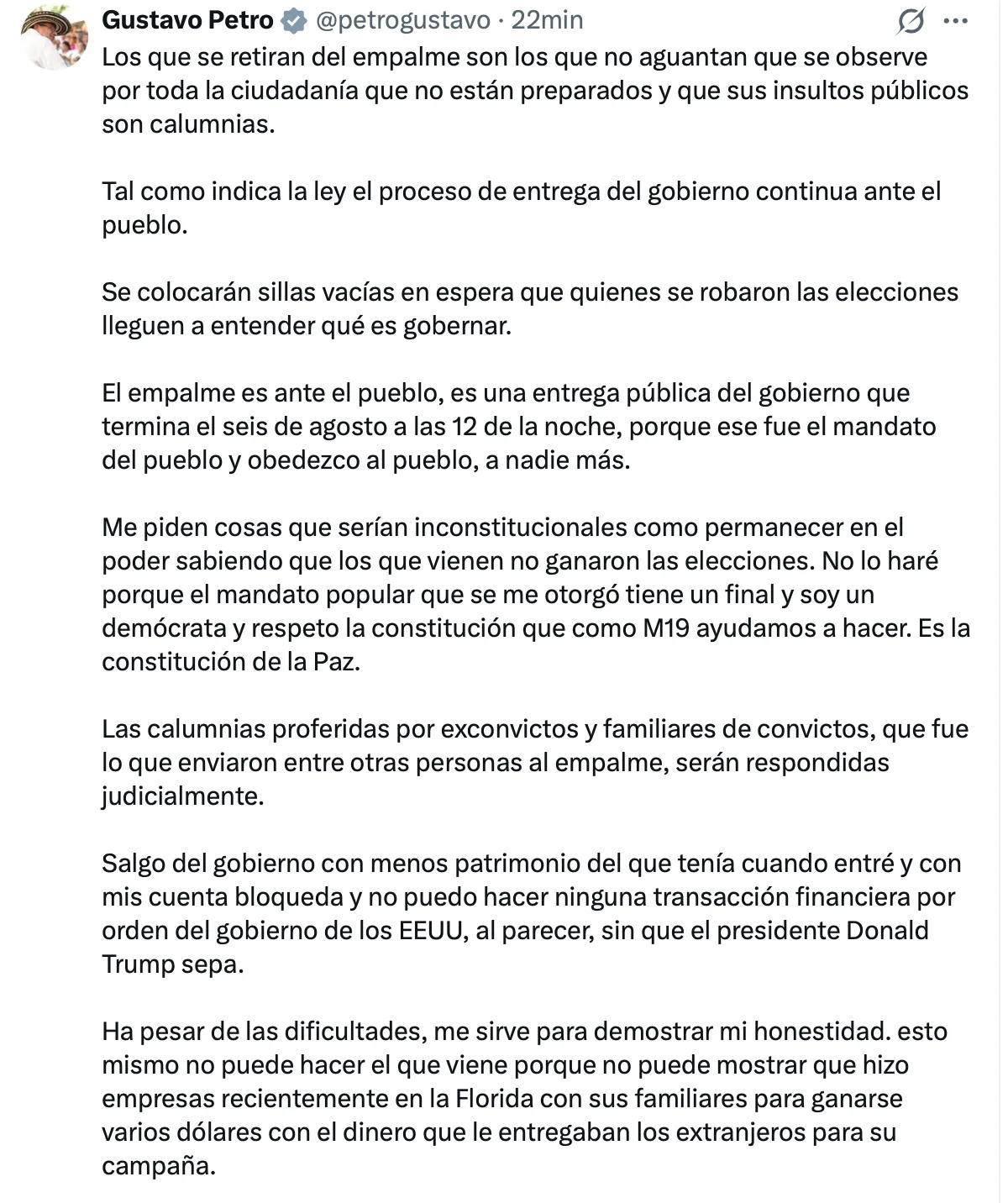 Petro endurece su discurso: defiende el empalme, desconoce el resultado electoral y anuncia nuevas acciones judiciales