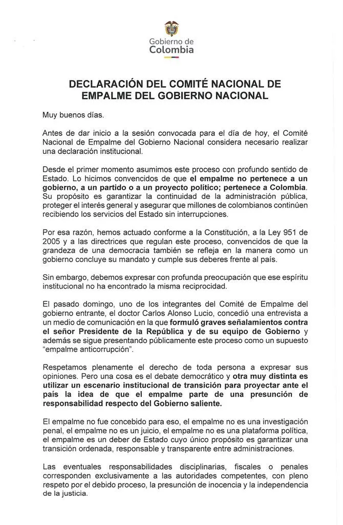 Esta es la carta con la que el Gobierno Petro suspendió su participación en el empalme y dice que solo volverá cuando existan las “condiciones”