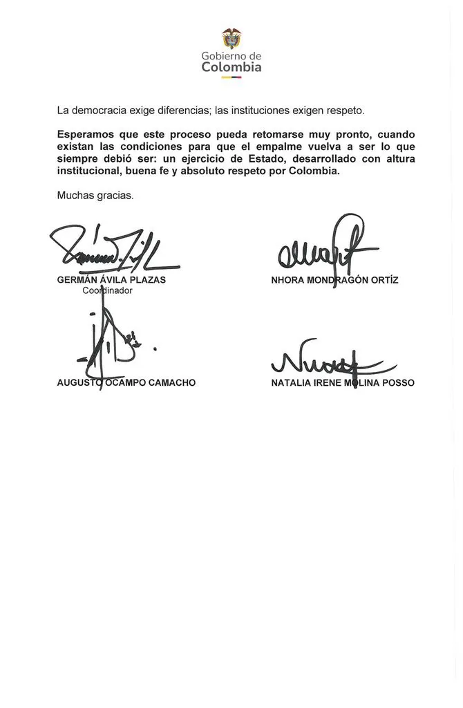 Esta es la carta con la que el Gobierno Petro suspendió su participación en el empalme y dice que solo volverá cuando existan las “condiciones”