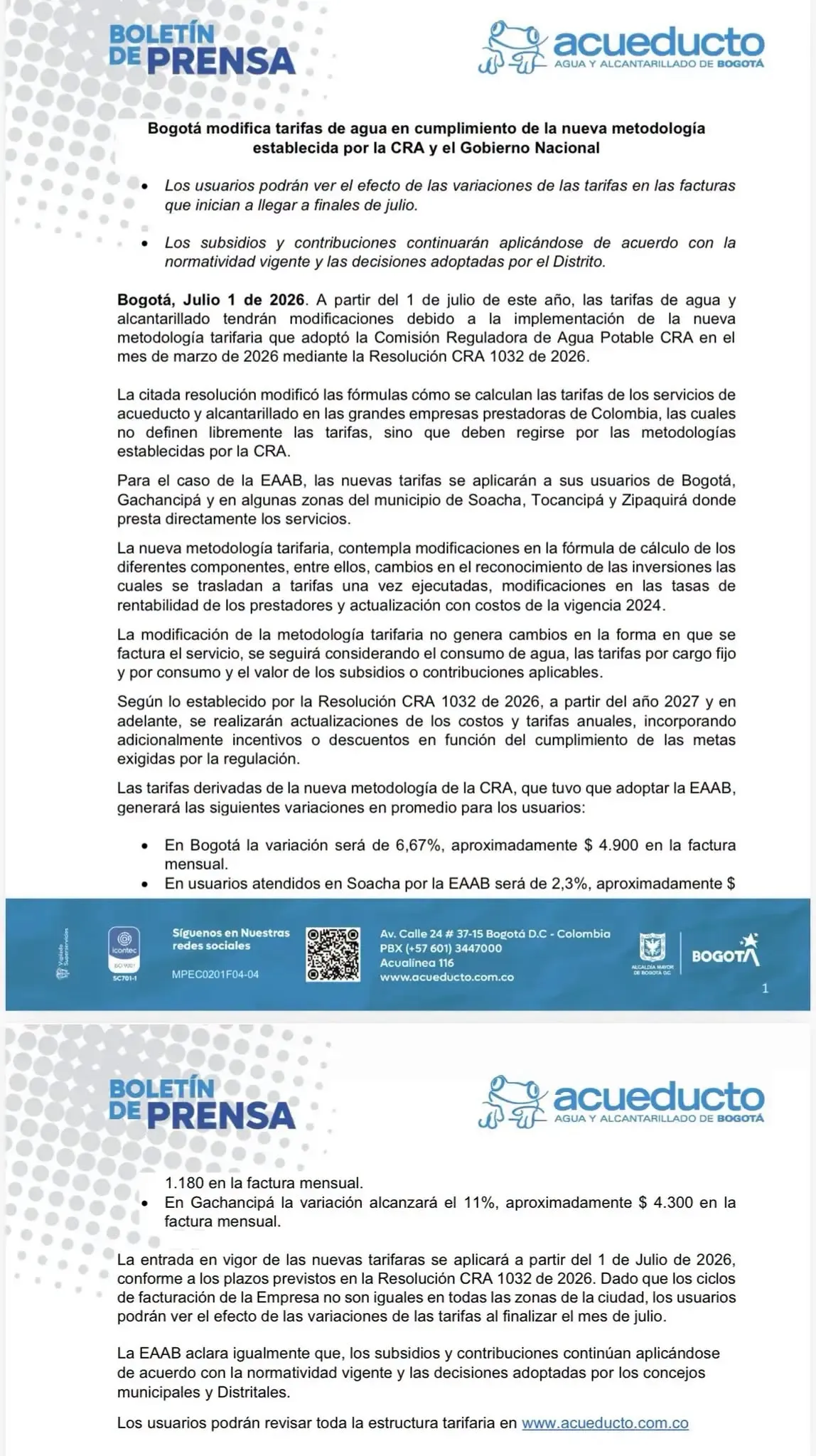 Acueducto de Bogotá aplicará nuevas tarifas desde julio: Factura aumentará 6,67% en la capital y 2,3% en Soacha