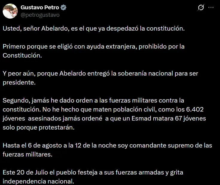“Hasta el 6 de agosto a las 12 soy el comandante supremo de las fuerzas militares”: Petro a De la Espriella