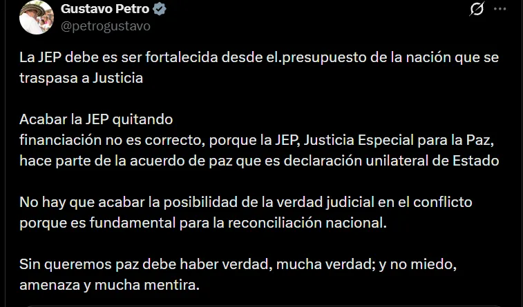 Petro pidió fortalecer el presupuesto de la JEP y rechazó cualquier reducción de recursos