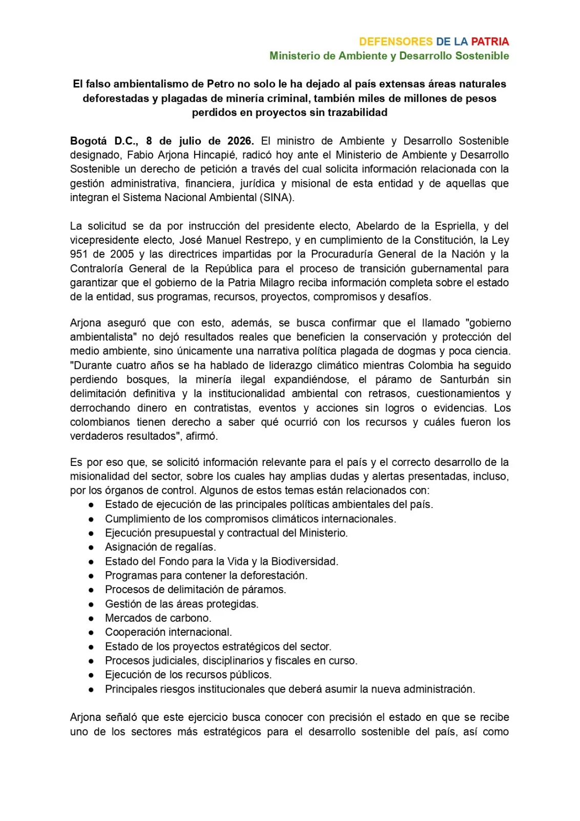 Fabio Arjona radica derecho de petición para evaluar el estado del sector ambiental tras el Gobierno Petro