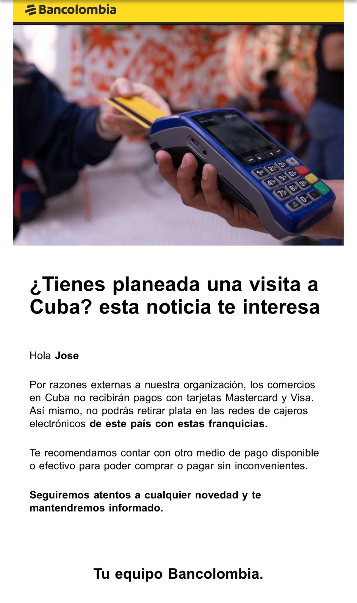 Bancos colombianos advierten a viajeros restricciones para el uso de tarjetas Visa y Mastercard en Cuba