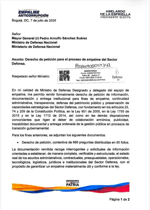 General Jorge Mora radica derecho de petición con 666 preguntas para el empalme del sector Defensa