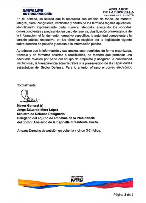 General Jorge Mora radica derecho de petición con 666 preguntas para el empalme del sector Defensa