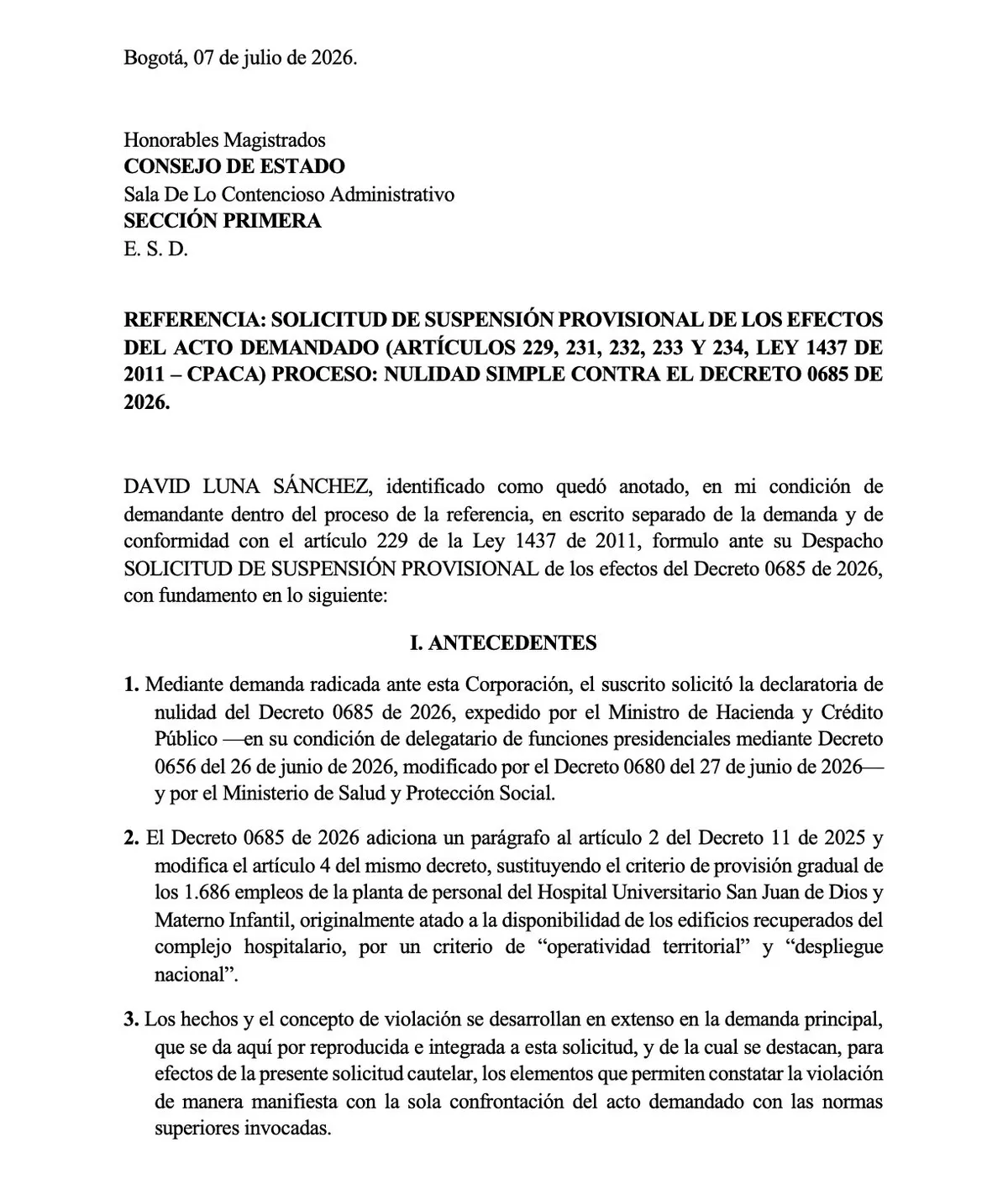 David Luna demanda decreto del Gobierno Petro y pide frenar contratación en el Hospital San Juan de Dios