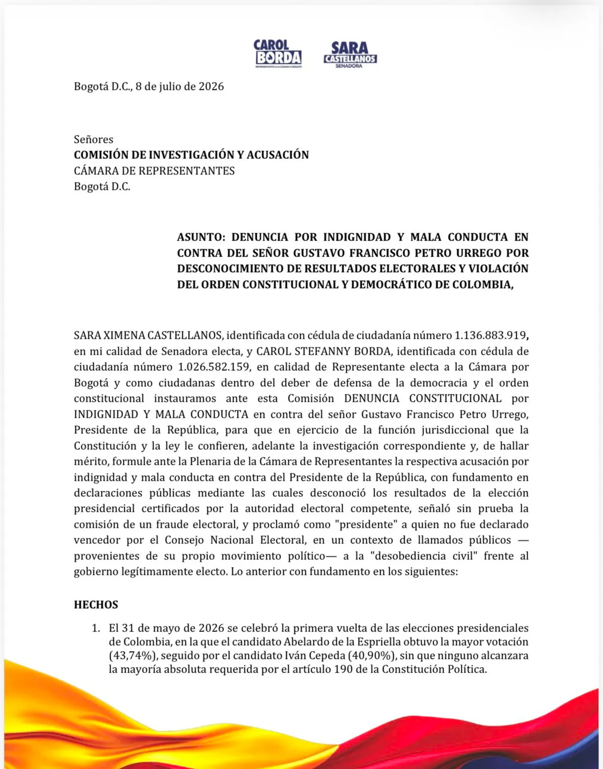 Sara Castellanos y Carol Borda denunciaron a Petro ante la Comisión de Acusación por presunto desconocimiento de resultados electorales