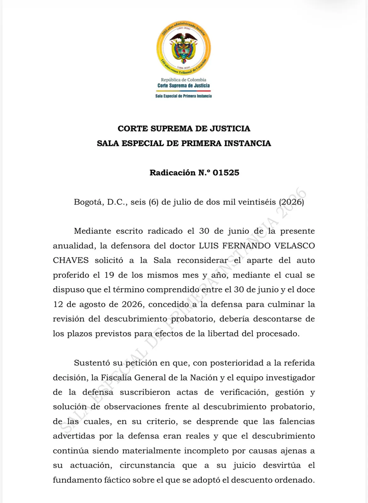 Revés judicial para Luis Fernando Velasco: Corte Suprema rechaza solicitud sobre el cómputo de términos