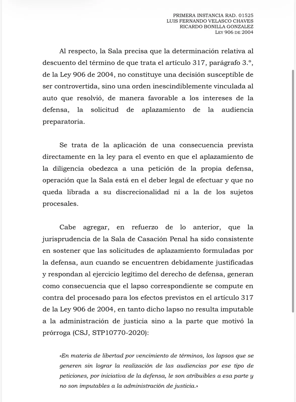 Revés judicial para Luis Fernando Velasco: Corte Suprema rechaza solicitud sobre el cómputo de términos