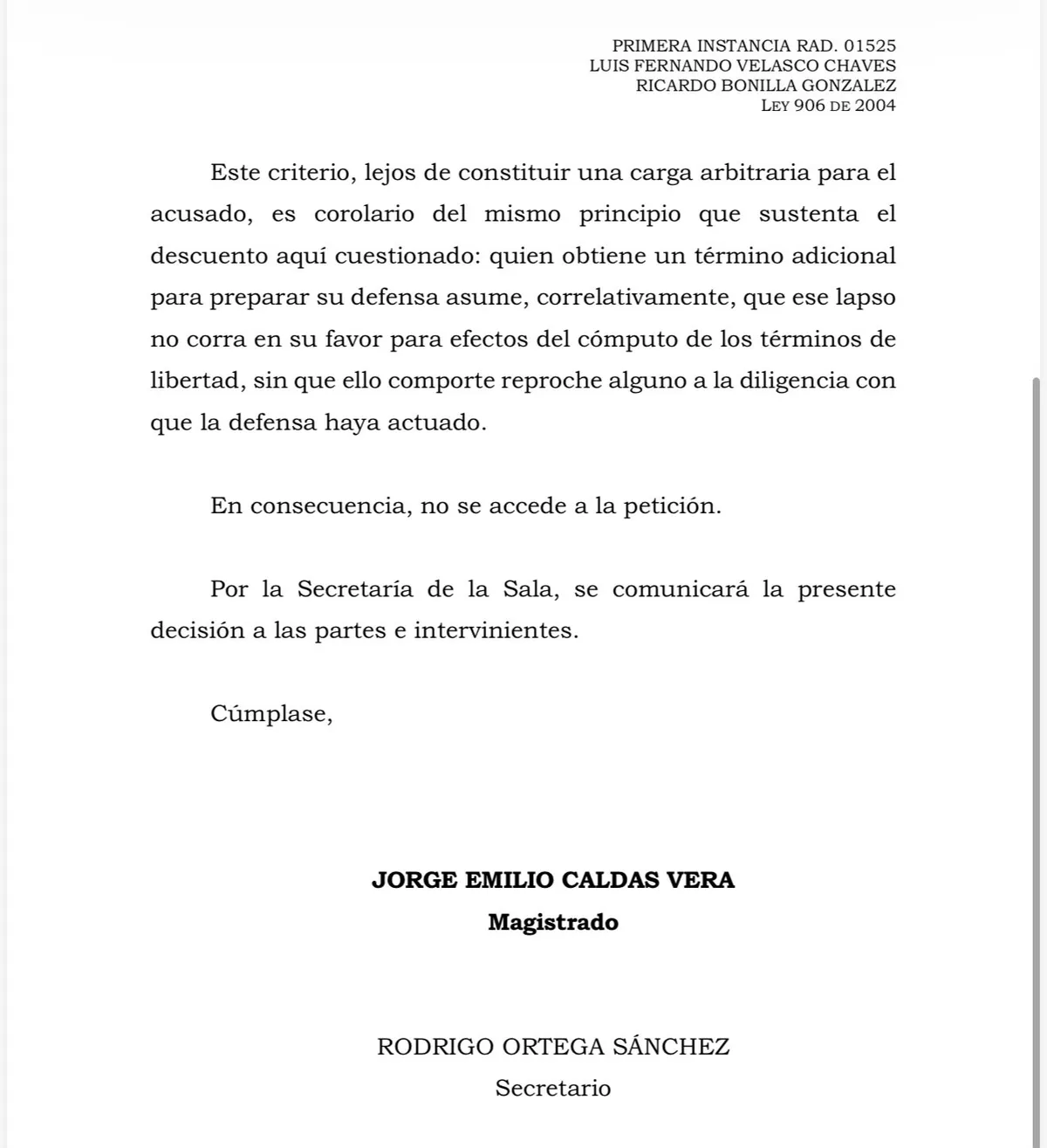Revés judicial para Luis Fernando Velasco: Corte Suprema rechaza solicitud sobre el cómputo de términos