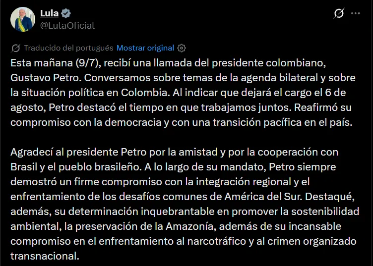 Lula aseguró que Petro confirmó que dejará el poder el 6 de agosto y apoyará la transición