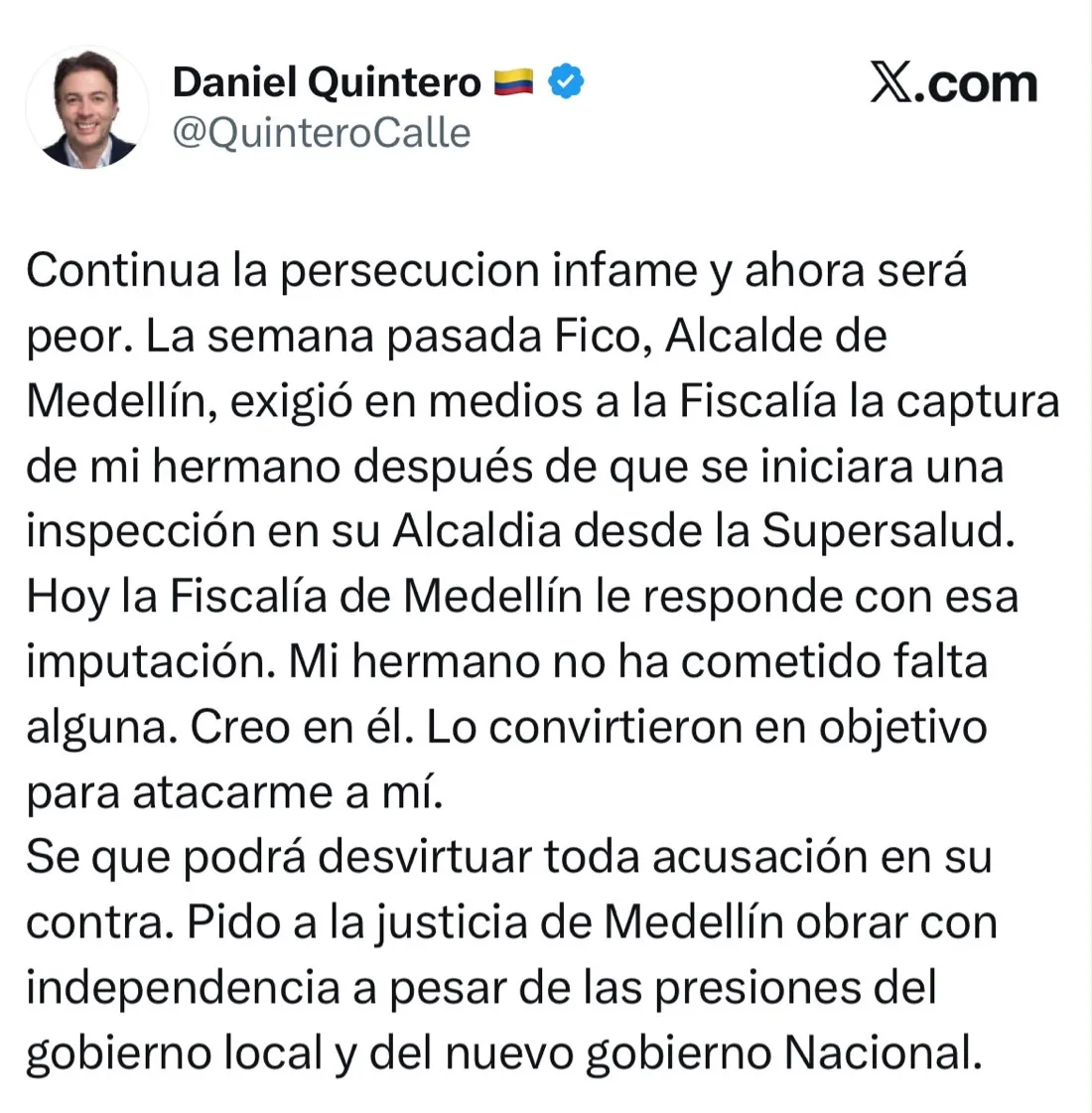 Fiscalía cita a imputación a Miguel Andrés Quintero, hermano del exalcalde Daniel Quintero, por presuntas irregularidades en contratación