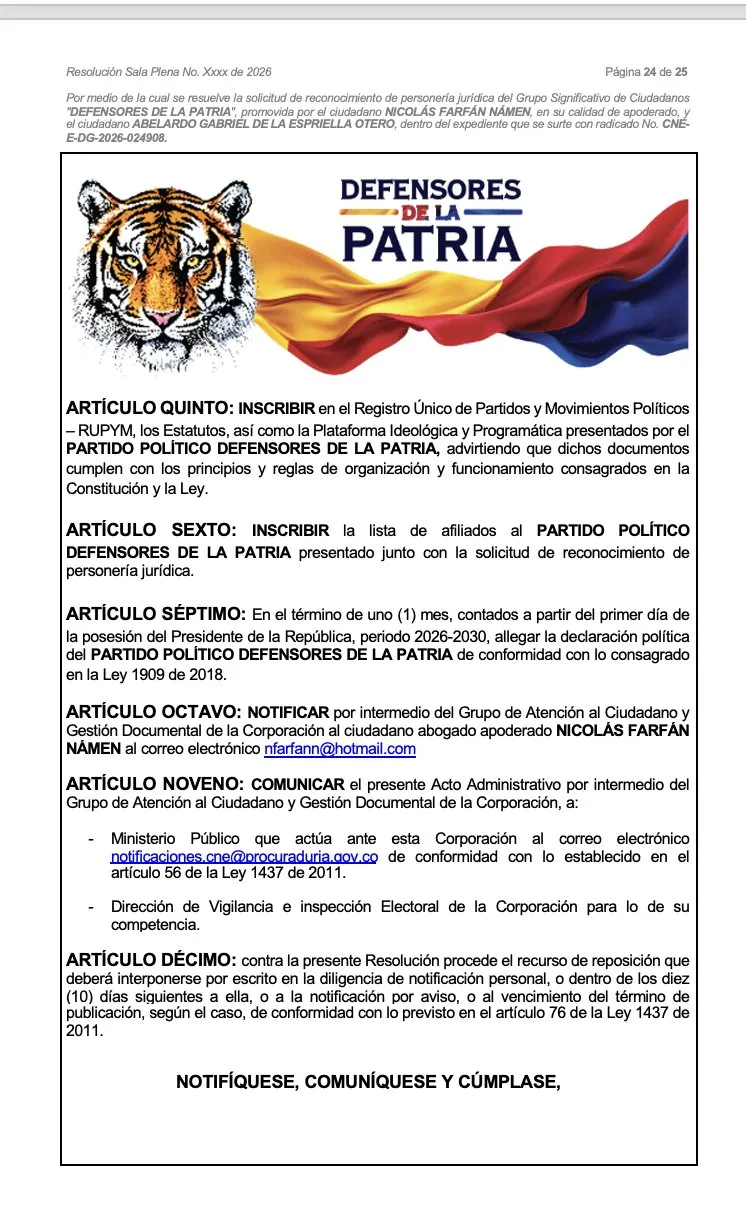 Defensores de la Patria queda a un paso de convertirse en partido político tras ponencia radicada en el CNE