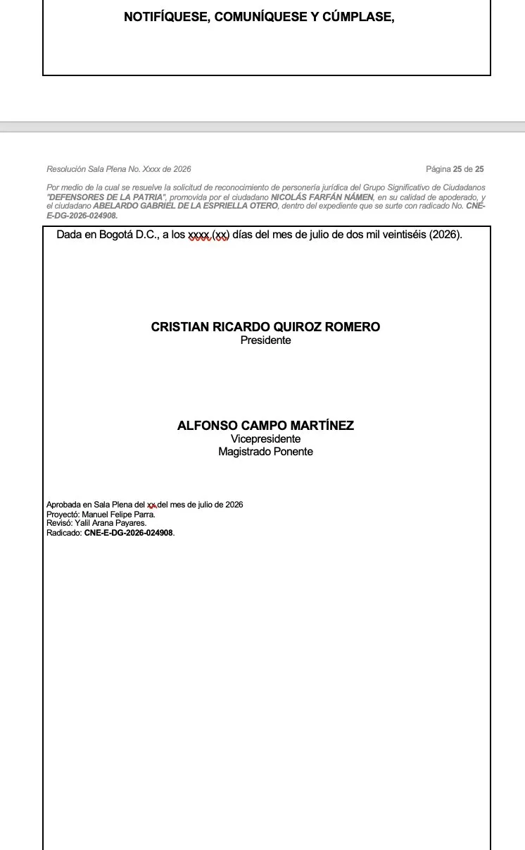 Defensores de la Patria queda a un paso de convertirse en partido político tras ponencia radicada en el CNE