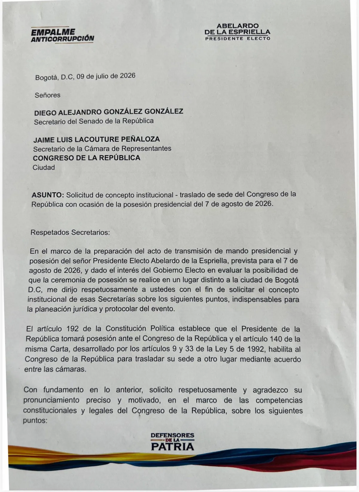 Gobierno electo consultó al Congreso la viabilidad de trasladar la posesión presidencial del 7 de agosto fuera de Bogotá