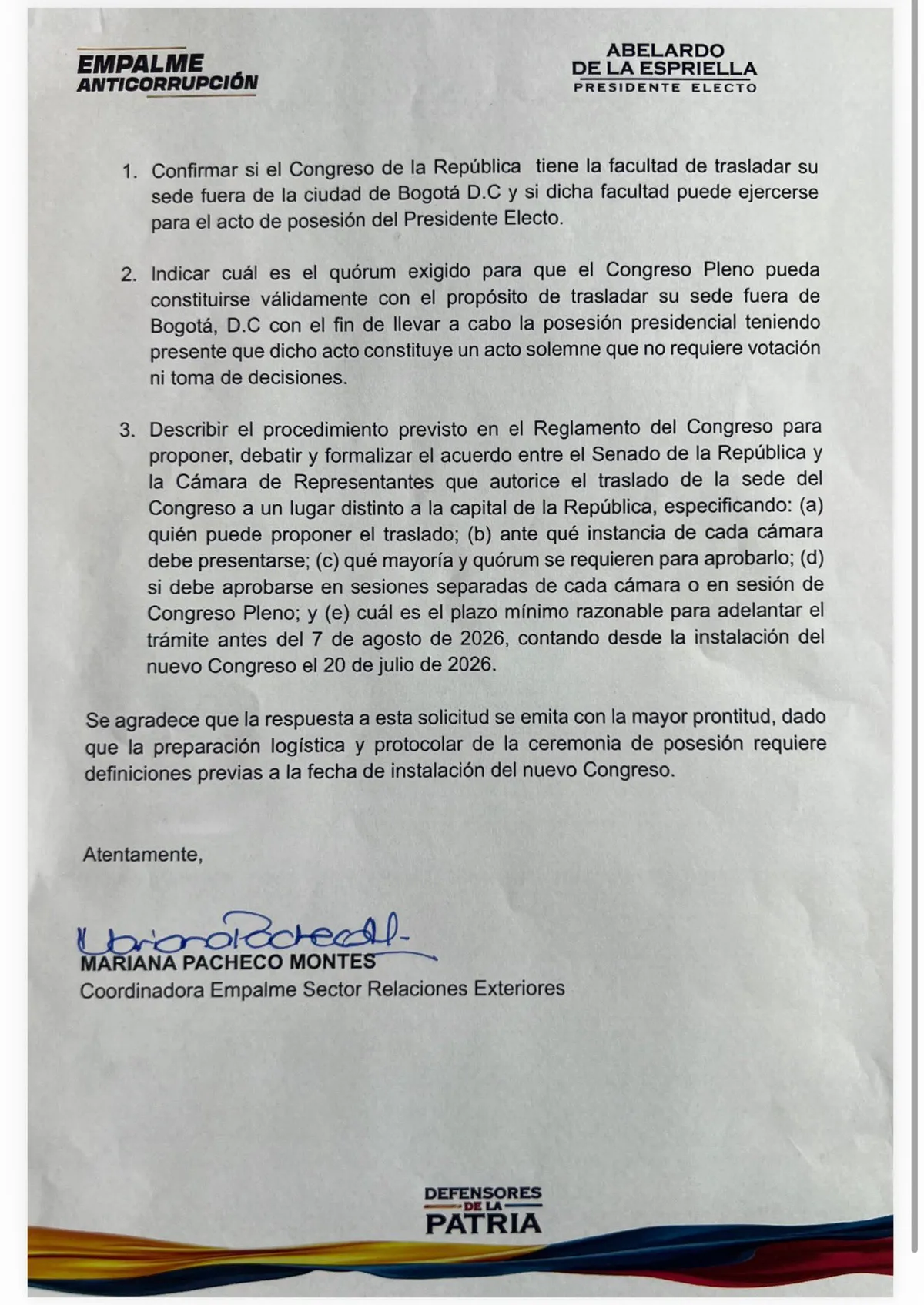 Gobierno electo consultó al Congreso la viabilidad de trasladar la posesión presidencial del 7 de agosto fuera de Bogotá